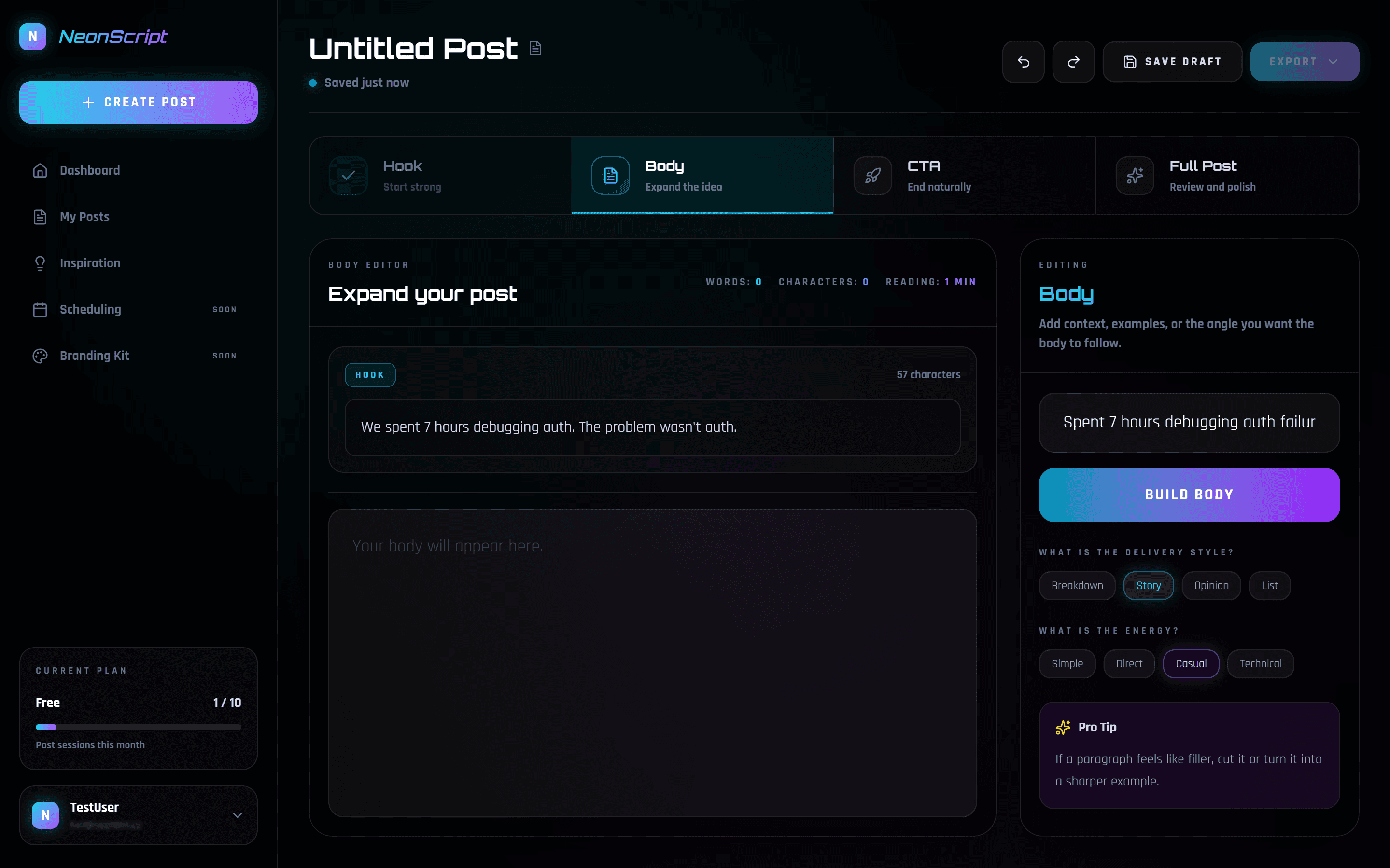 NeonScript post building workflow preview